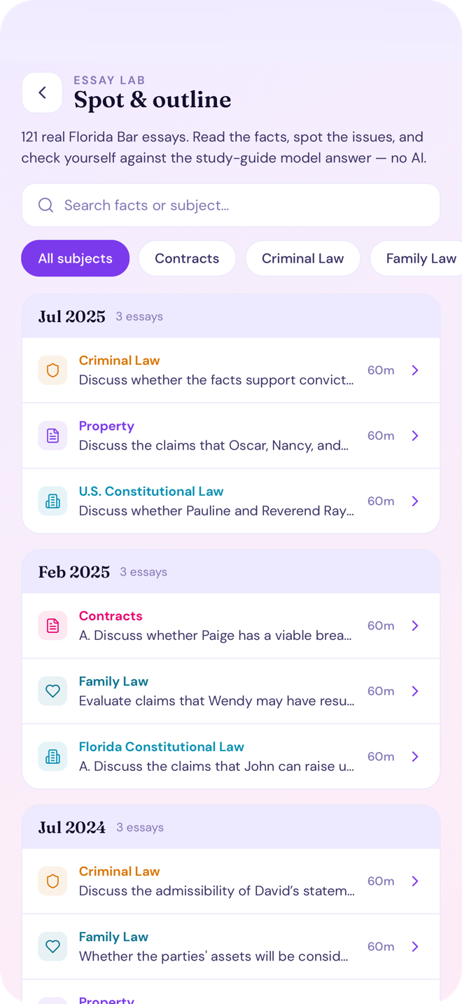Essay Lab — real past bar essays to spot and outline