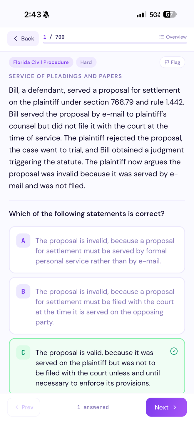 Florida MCQ question screen